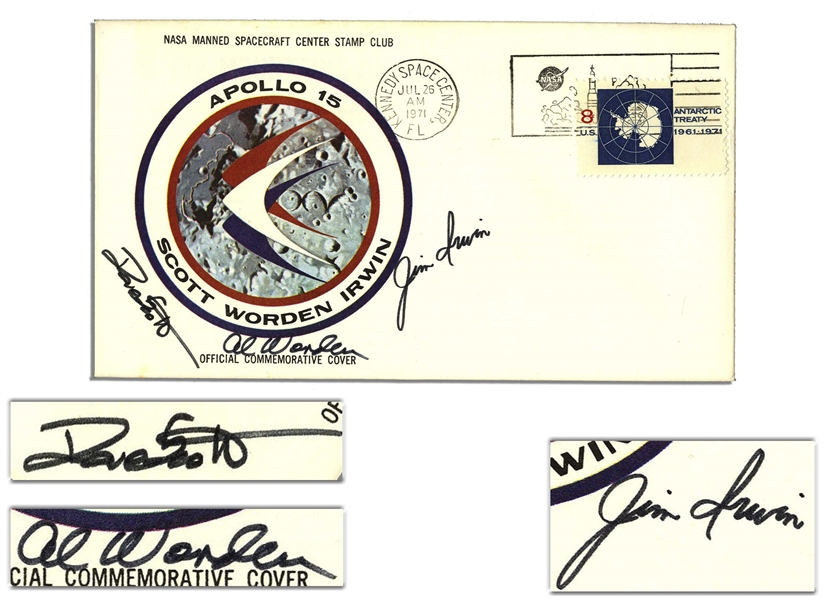 Apollo 15 Crew-Signed NASA Insurance Cover -- With COA From Al Worden & Additionally Signed Twice by Worden on Verso, ''from my Personal Collection''